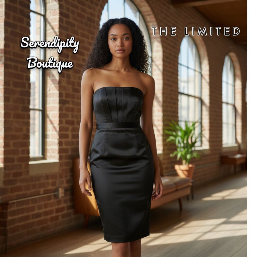 The Limited Silky Strapless Clam Shell Bust Little Black Cocktail Midi Dress